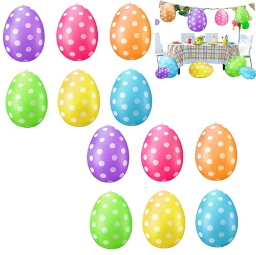 Osterdeko Outdoor Aufblasbarer Ostereier zum Aufhängen, Plastik Ostereier XXL, Osterdekoration, Plastik Ostereier mit Stabilem Aufhänger für Ostern Deko Garten Party (12er-Pack)