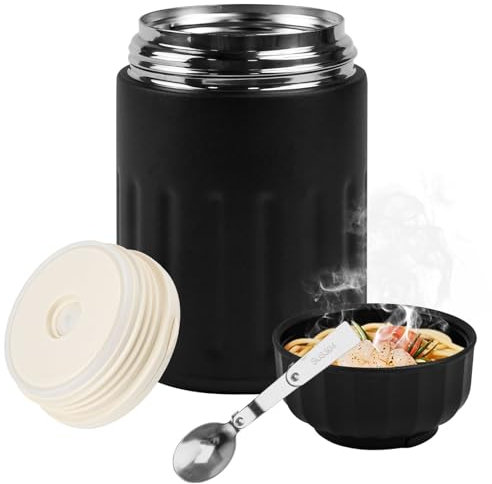 VGECEE Contenitore per Alimenti Isolato 600 ML, Contenitore per il Pranzo Isolato con Cucchiaio, Thermos per Alimenti Caldi, Portapranzo Coibentato in Acciaio Inox per Zuppa, Porridge, Riso - Nero