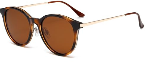 Långvarig runda polariserade solglasögon för kvinnor män vintage lätt körning kattögon solglasögon unisex retro nyanser klassiska runda solglasögon anti-UV400, Leopardram – brun lins