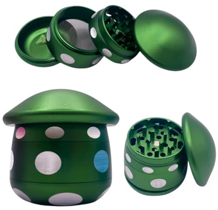 Green Mushroom Shaped Aluminium Herb Grinder, 60 x 60mm, 4 Pieces, Magnetic Top with Sifter,