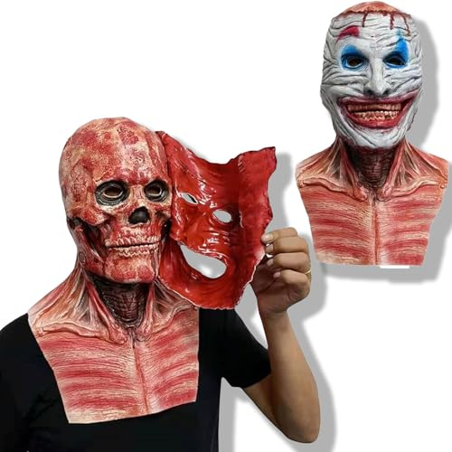 MxsFrundel Halloween Masken Horror 2025, Clown Totenkopf Maske (Bis 60 cm Kopfumfang), Doppelte Schicht Abziehbare Oberfläche, Beweglichem Kiefer, für Cosplay, Gruselpartys, Karneval, Erwachsene (Rot)
