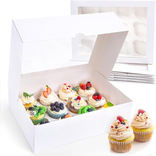 10 Pcs cupcake boxes 12 hole with multipurpose inserts Cupcakes in deep cake boxes White cup cake boxes with a clear window measuring 33 x 25.2 x 7.6 cm Perfect for Pastries, Cupcakes, and Muffins