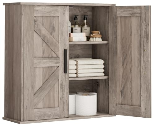Homleke Bathroom Wall Cabinet, Medicine Cabinet with Adjustable Shelves | 3-Tier Wall Mounted Over Toilet Storage with Barn Doors, for Bathroom, Kitchen, Entryway, Laundry Room, Greige, (7.9 D)