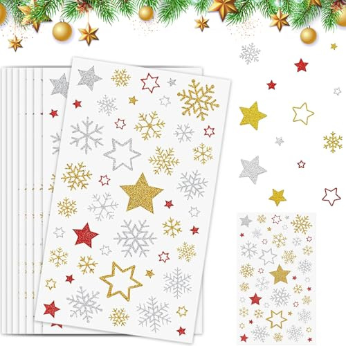 CUVZORA 296x Sticker Stern Aufkleber Glitzer Schneeflocken Etiketten, Weihnachtsaufkleber, Gold Selbstklebend zum Basteln, für Geschenke, Weihnachtskarten, Weihnachtsdeko