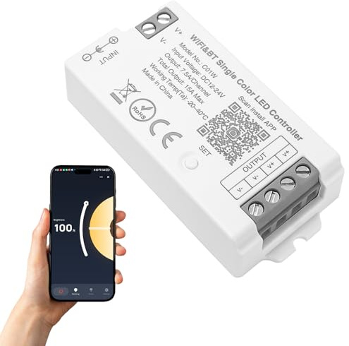 JBdusn DC12-24V C01W Controller WiFi per Strisce LED Monocolore con Dimmer e Luminosità