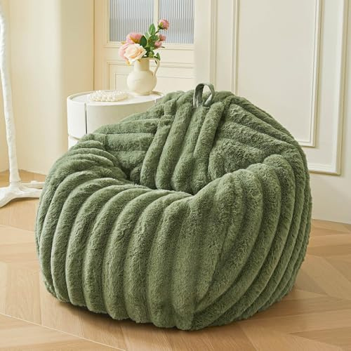 MEGO Fluffy Faux Rabbit Fur Bean Bag Chair Cover(No Filler), Soft Plush Shaggy Striped Stuffed Animal Storage Beanbag, 3FT Big Fuzzy Decorative Ribbed Floor Lounger for Bedroom Living Room, Sage Green