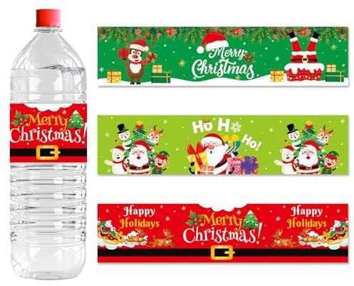 URROMA Wasserflaschenetiketten für Weihnachten, gemischt, 48 Stück, selbstklebend, Frohe Weihnachten, für Geschenkverpackungen, Etiketten und Aufkleber für Geburtstagsfeiern