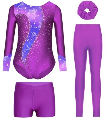 Miutii 4tlg.Mädchen Turnanzug Glitzer Gymnastikanzug mit Shorts Hose und Haargummi Langarm Gymnastik Leotard Wettbewerb Tanzkostüm
