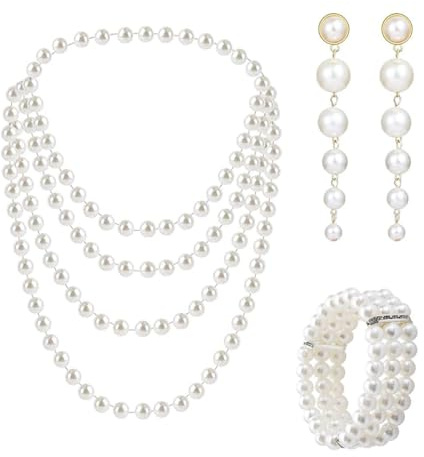 dinghaole 3 Pcs 1920s Faux Pearl Set, Long Pearl Necklaces, 3 Row Stretch Bracelet, Long Dangle Earrings, 1920s Accessories pearl Set for Party Prom Wedding Festival