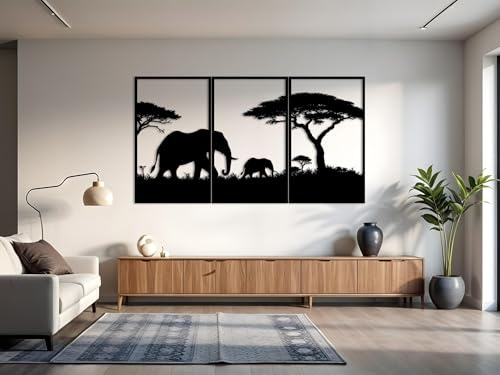Kajaro Elefanten Wandbild Holz 3-teilig, Elefant, selbstklebend ohne Bohren | Gratis: zweites kleineres Bild. Selbstklebende Holz-Wanddeko in Metalloptik, einfache Montage ohne Bohren.