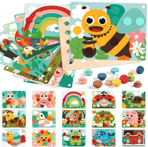 Mosaik Steckspiel Holz für Kleinkinder, Montessori Spielzeug für Kinder | Farben Lernen Lernspielzeug Steckspiel mit 30 Steckern, Steckbrett & 16 Karten, Motorikspielzeug Geschenk für Jungen Mädchen