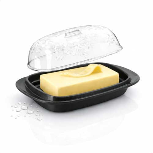 Berossi Mantequera de plástico con tapa para mantequilla de 250 g, apta para frigorífico, recipiente para mantequilla, apto para lavavajillas, tapa con decoración de flores y asa, fiambrera para queso