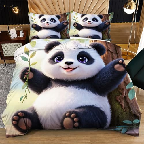 Fotmung Set Biancheria da Letto Singolo Panda Verde, Copripiumino Singolo Set Biancheria da Letto in Microfibra di 3 Pezzi, 1 Parure Copri Piumone 150x200 con 2 Federe 50x80 R41