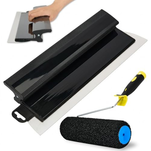 40cm/16Inch Flächenspachtel mit Spachtelwalze 23cm, Roller für Spachtelmassen Edelstahlklinge Spachtel + Beschichtungsroller Werkzeug für große Arbeitsbereich Wand Dekoration Bau (Schwarz)