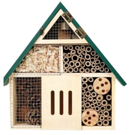 Bihus för trädgård, naturligt trä insekthotell med grönt tak, hängande livsmiljö för bin murare, nyttiga nyckelpigor och insekter, utomhus trädgårdsdekoration libr
