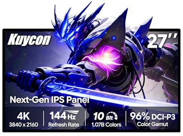 Kuycon P27D Monitor 27 pollici 4K 3840x2160, Minimalist - senza supporto | schermo IPS 144Hz 1ms 450 nit 10 bit 96% DCI-P3 USB-C 100W ricarica veloce AltMode DP per gaming e design