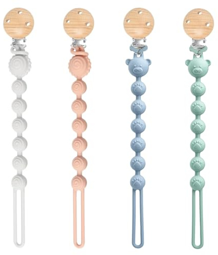 4 Pcs Silicone Dummy Clip, Pacifier Clips One Piece Dummy Chain for Baby | Soother Clips and Teether 2-in-1 Design,Wooden Design,BPA Free,4 Color