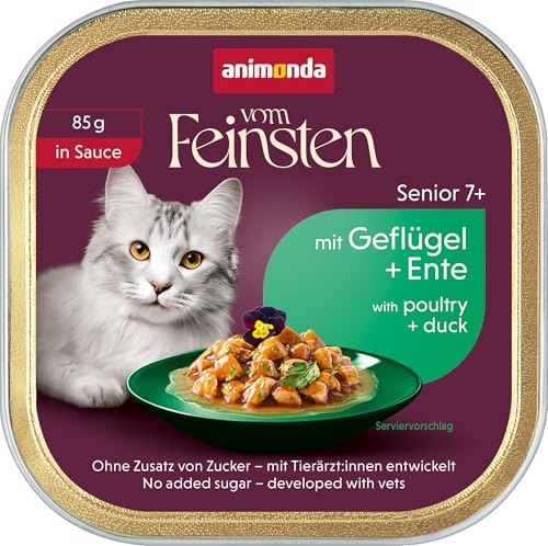 animonda vom Feinsten Senior Katzenfutter Geflügel+Ente in Sauce(32 x 85g) | Nassfutter für ältere Katzen ab 7 Jahren, Katzenfutter nass in Sauce ohne Zucker, Portionsschale á 85g