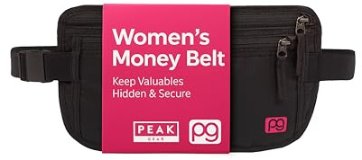 Peak Gear Women’s Money Belt - Hidden Travel Waist Pouch for Women | RFID Blocking, Slim Under-Clothes Passport Holder with PeakCharm Jewelry Pocket + 2 ReturnMe™ Recovery Tags