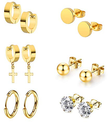 6 paires de boucles d'oreilles en acier inoxydable titane pour homme et femme - Or - Croix - Boucles d'oreilles créoles pour homme et femme - Or - Diamant - Boucles d'oreilles créoles en or - Croix
