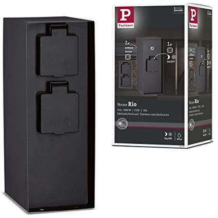 Paulmann 94315 Outdoor Steckdosensäule RIO 3 fach max. 3,650 Watt Dämmerungsschalter Außenbeleuchtung Anthrazit Gartenbeleuchtung Edelstahl Steuerung