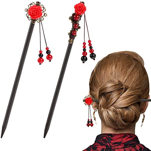 Dremisi 2 palitos para el pelo de madera retro, horquilla de flores vintage, palillos hechos a mano para mujeres de pelo largo, palillo chino para el pelo, accesorios japoneses para el cabello