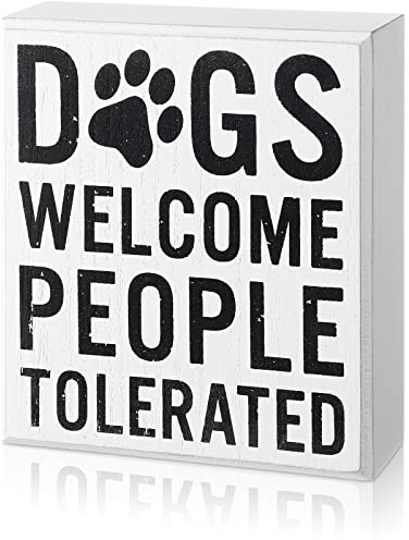 Dogs Welcome People Tolerated Dog Lover Decor Presents for Animal Lovers Wood Dog Box Sign Welcome Word Dog Signs Rustic Wall Decor Art Pet Saying Farmhouse Decor, 5 x 6 x 1.77 Inch (White Bottom)