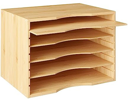 FOREHILL Dokumentenablage Bambus für A4, Briefablage mit 4 variablen Einlegeböden, Ablagefächer stapelbar Holz, Papierablage für Schreibtisch Organizer 35x25x25cm