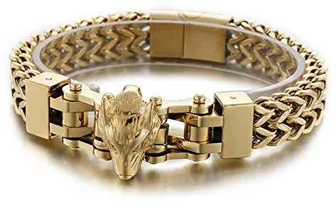 Skcess Leder Armband Gold，Armreifen Wolfskopf Rostfreier Stahl Magnetarmband Herren 215X12Mm