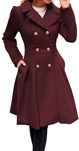 GRACE KARIN Abrigo Invierno Lana Para Mujer Chaqueta Cálida Lisa Abrigo Manga Larga Con Cinturón Abrigo Invierno Prendas Vestir Estilo Informal Negro-Rojo S