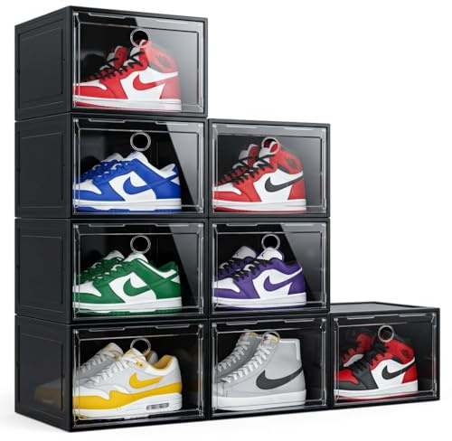 Yukui LLc Large Shoe Boxes Clear Plastic Stackable, 8 Pack Drop Side Shoe Storage Organizer with Magnetic Door, Shoe Container Sneaker Storage Display Case Fit up to US Size 13 Black