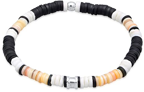 Kuzzoi Buddha - Bracciale da uomo in argento sterling 925, stile vintage, casual, elasticizzato, con conchiglia, gioiello estivo, per surfisti, lunghezza 19cm