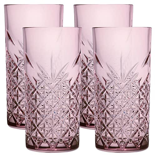 Cut Glass Crystal Effect Highball Drinking Dining Tumbler Glasses Set (Pink, 4)