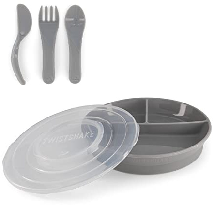 Twistshake Babygeschirr-Set | Geteilter Teller + Besteck 6m+ | BPA-frei | Ernährungstrainingsset für Kinder | Grau