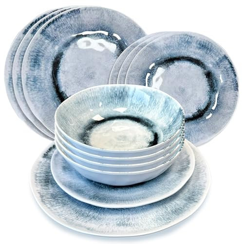 Liberty Linosa 12 Piece Melamine Dinner Set - Plates and Bowls Set - Camping Essentials for Picnic, Caravanning, and Outdoor Tableware - BPA-Free, Dishwasher Safe, Durable Plastic Plates
