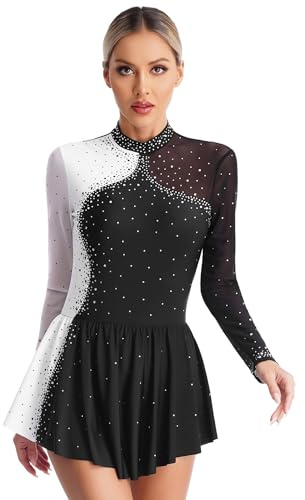 Oyolan Damen Ballettkleid Langarm mit Mesh Patchwork Glitzer Eiskunstlauf Kleider Gymnastikanzug Ballsaal Tanzkleidung Schwarz S