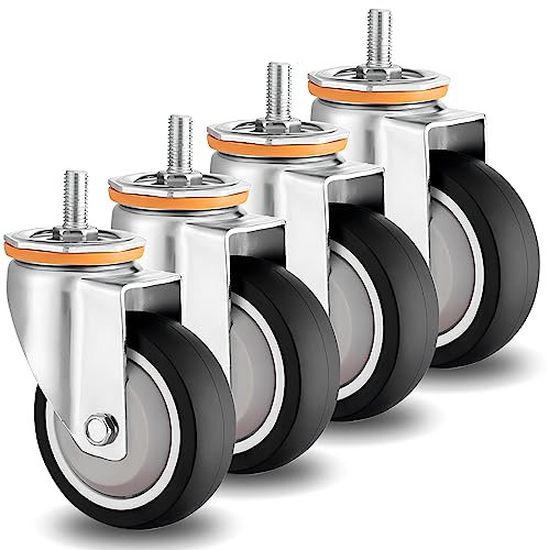 Lenkrollen mit M10-M12-Gewindeschaft, 4er-Set, 3,5 3 4 5 Zoll, robuste Ersatz-Gummirollen, gewerbliche/industrielle Anwendung, geräuschlose Lenkrollen mit Doppelverriegelung