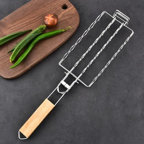 ZYWUOY Grillkorb, 49,5 x 12 cm, Grillkorb mit Holzgriff, Bratwurst, tragbares Gestell für Lagerfeuer und Picknick