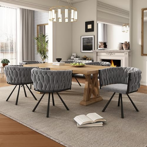 Merax Drehstuhl 6er Set, Moderne Esszimmerstuhl aus Samt, Armlehnstuhl Drehbar mit Metallbeinen, für Esszimmer, Wohnzimmer, Schlafzimmer, Grau