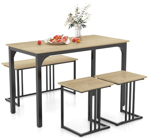 COSTWAY Dining Table and 2 Stool Set with 1 Bench, 4 Pieces Industrial Breakfast Table Chair Set, Metal Frame Dining Room Furniture for Home Kitchen Bar (Natural)