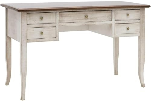 Vicentini arreda SCRIVANIA SCRITTOIO IN LEGNO SHABBY CHIC BICOLORE BIANCO ANTICATO E NOCE (L 105 P 56 H 81)