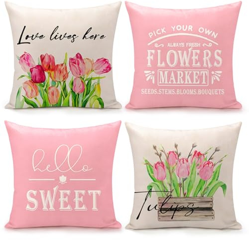 Outdoor Deko Kissen Bezug Sofakissen Kissenbezug 45 x 45 cm Frühling Blumen Dekokissen 4 Stück Kissenbezüge Zierkissen Kissenhülle Outdoorkissen für Garten Balkon Wohnzimmer Sofa (Tulpenkissenbezüge)