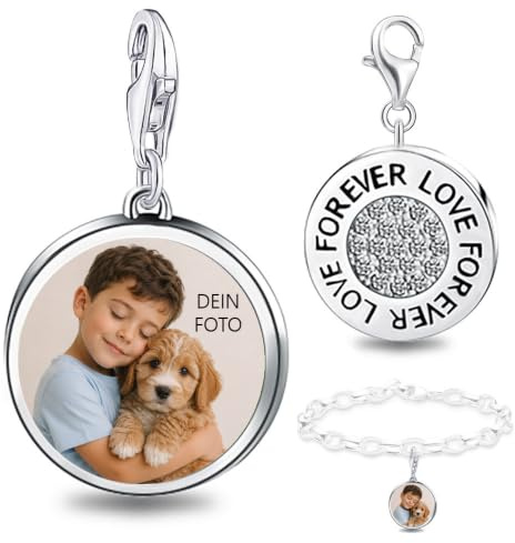 2Burned 925 Sterling Silber personalisierter runder Foto-Charm mit Karabiner – Anhänger mit eigenem Bild für Armband oder Kette