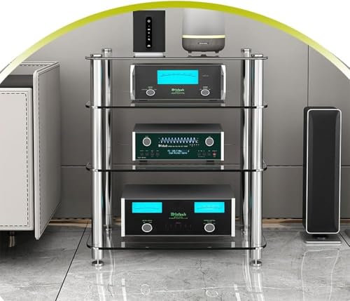 Racks4-stöckiger Glas-Medienständer, HiFi-Racks AV-Komponentenschrank, Stereo-Regal mit Ablage aus gehärtetem Glas, offene Medien-Aufbewahrungsregale, Stereo-Schrank (Größe: 72 cm - 71 cm)