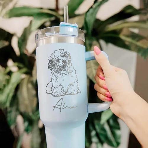 Drawelry Personalisierte Haustiere Foto Thermosbecher mit Henkel Deckel Wasserbecher Hunde Katzen Bild Namen Drucken Edelstahl Thermo Tumbler Becher Geschenke für Männer Frauen Familien Freunde (A4)