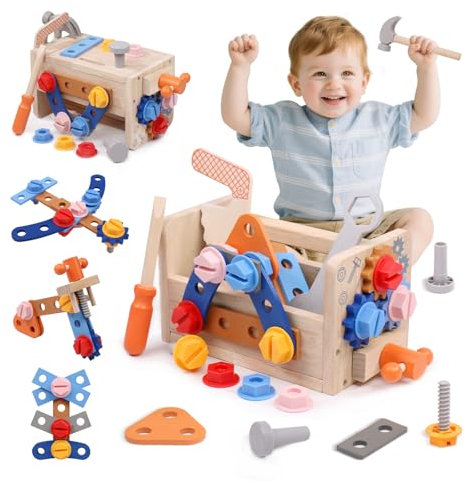 Caisse a Outil Jouet Enfant 3 4 5 Ans Fille Garcon Boite a Outils Jouet en Bois Établi DIY Jeu de Construction Bricolage Etabli Enfant Montessori Jeux Educatif Idée Cadeau Garçon d'activité Noël Baby