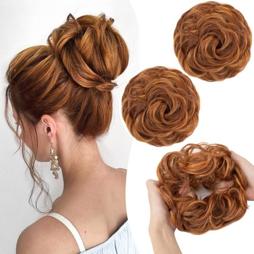 PORSMEER 2 Stücke Haarteil mit Gummiband Groß Dutt Haarteil Gelockt Haargummi Haarverlängerung Messy Bun Scrunchies Haarteile für Damen Mädchen Pferdeschwanz (Copper red Mix Orange))