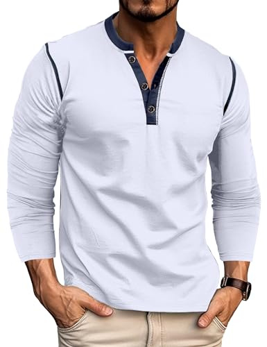 Mens V Neck Henley T Shirt Long Sleeve Collarless Grandad Shirts