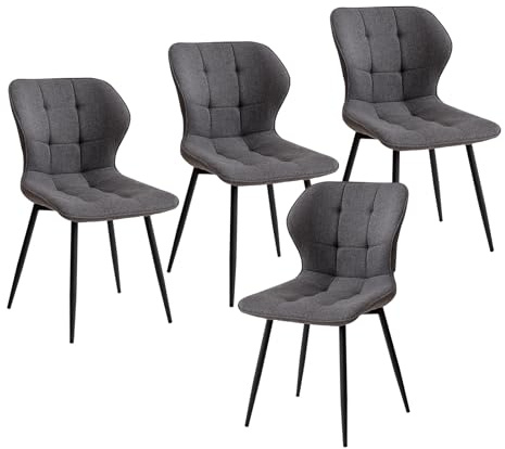 GrandCA HOME Set di 4 Sedie da Pranzo Imbottite in Lino con Schienale e Gambe in Metallo Nero, Sedia da Soggiorno per Cucina, Sala da Pranzo, Camera da Letto - Grigio Scuro