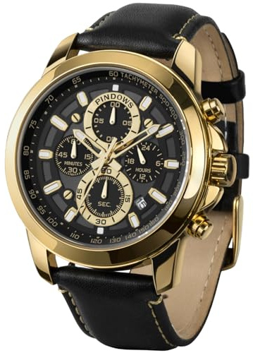 PINDOWS Orologio da uomo analogico al quarzo cronografo impermeabile luminoso orologio da polso con cinturino in pelle nero marrone per abbigliamento business e casual